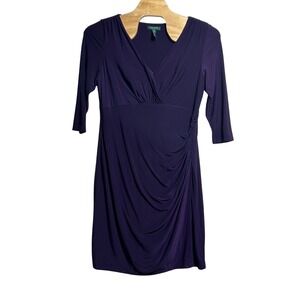 Lauren Ralph Lauren Purple Ruched V-Neck 3/4 Sleeve Sheath Dress 20W Plus Size